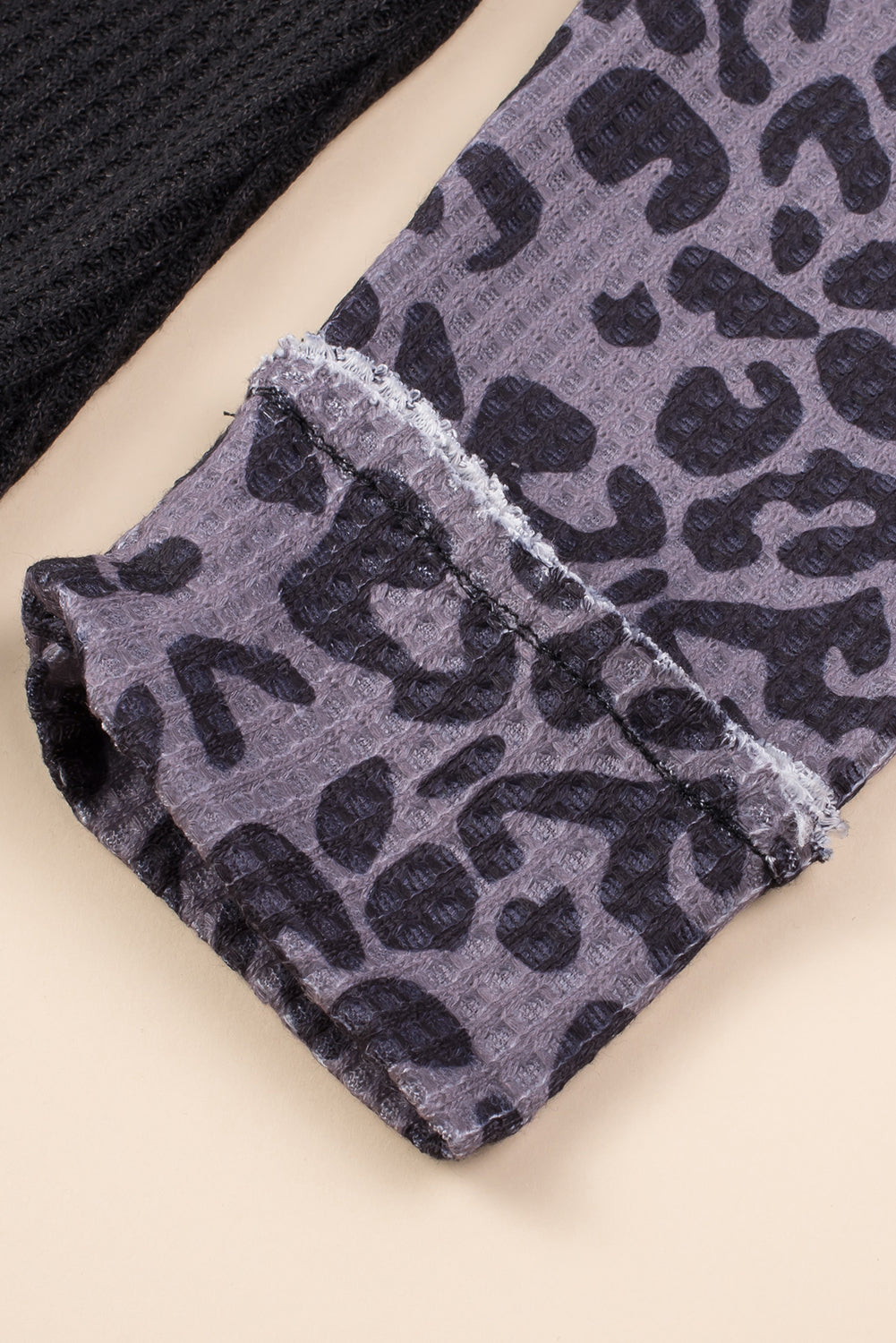 Khaki Leopard Patchwork Waffle Knit Buttoned Blouse
