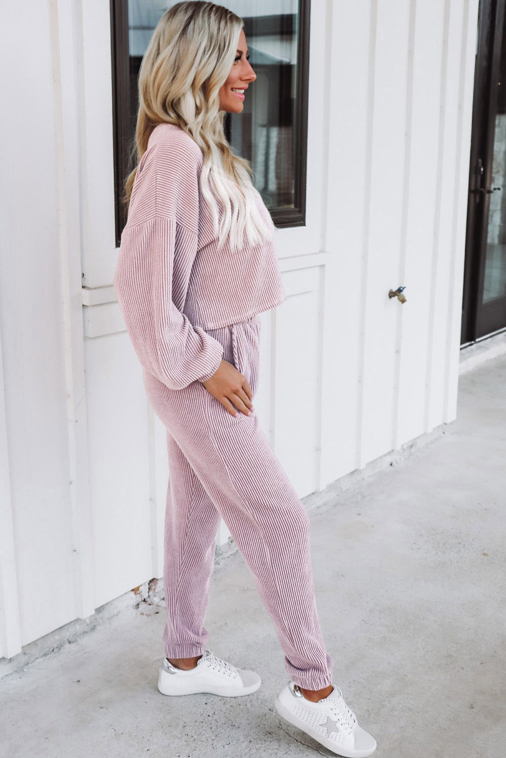 Pale Chestnut Ribbed Two Piece Pullover and Joggers Lounge Set