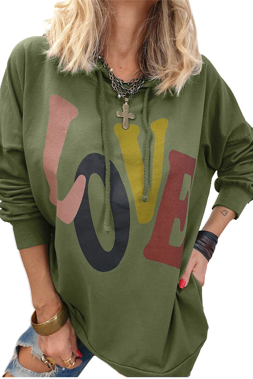 Ogromen pulover s kapuco na spuščena ramena, meglično zelen LOVE Letter