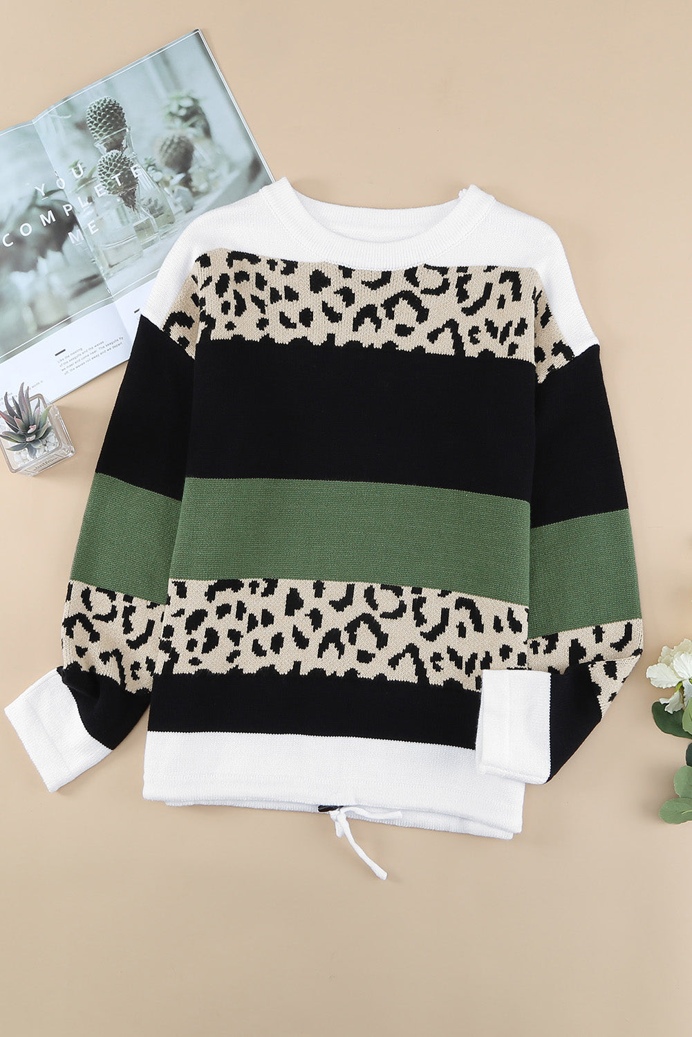 Green Crewneck Leopard Color Block Knit Pullover Sweater