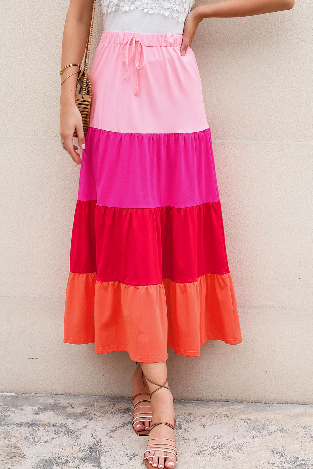 Pink Color Block Tiered Drawstring High Waist Maxi Skirt