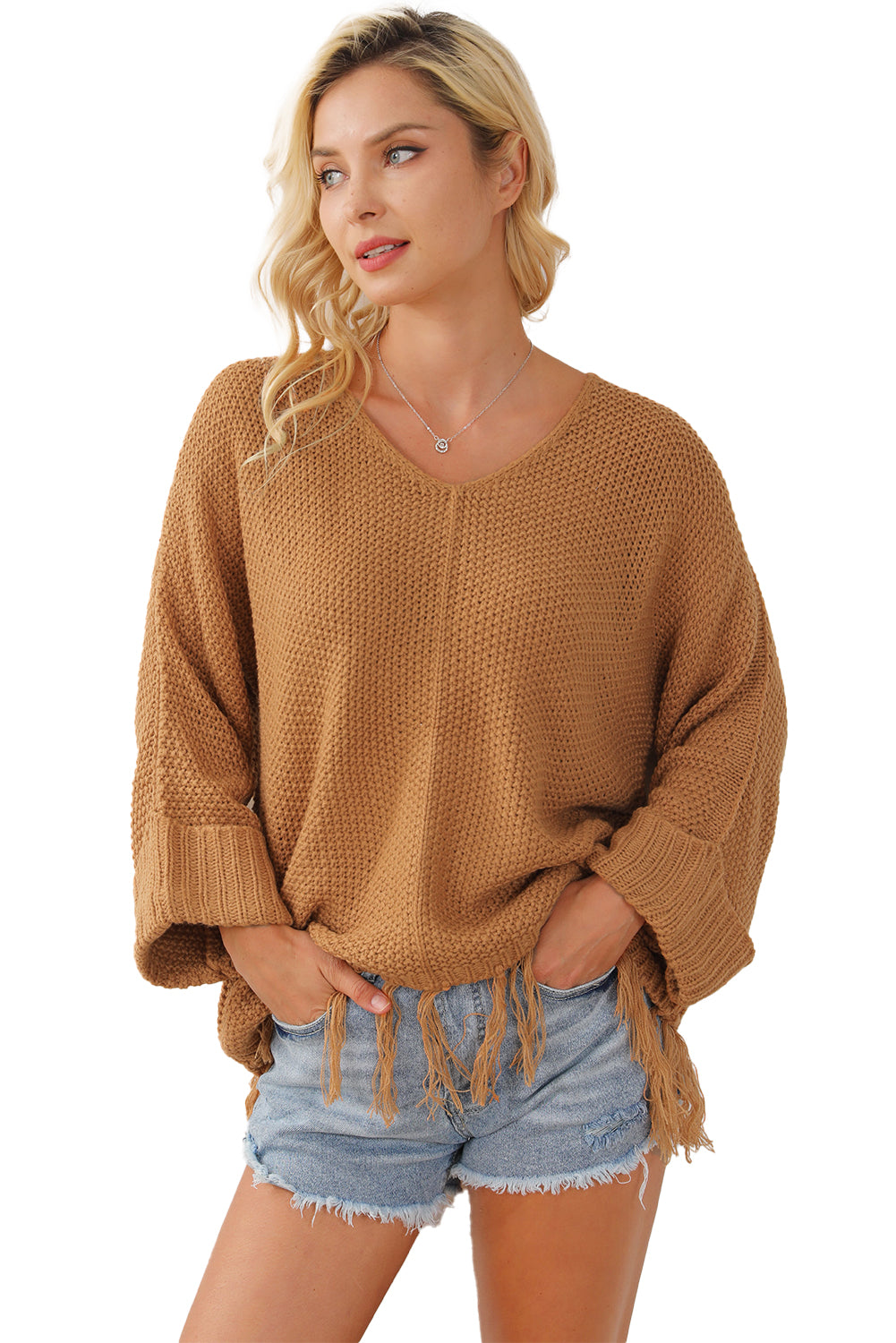 Pleten vrečast pulover s kameljim resicami