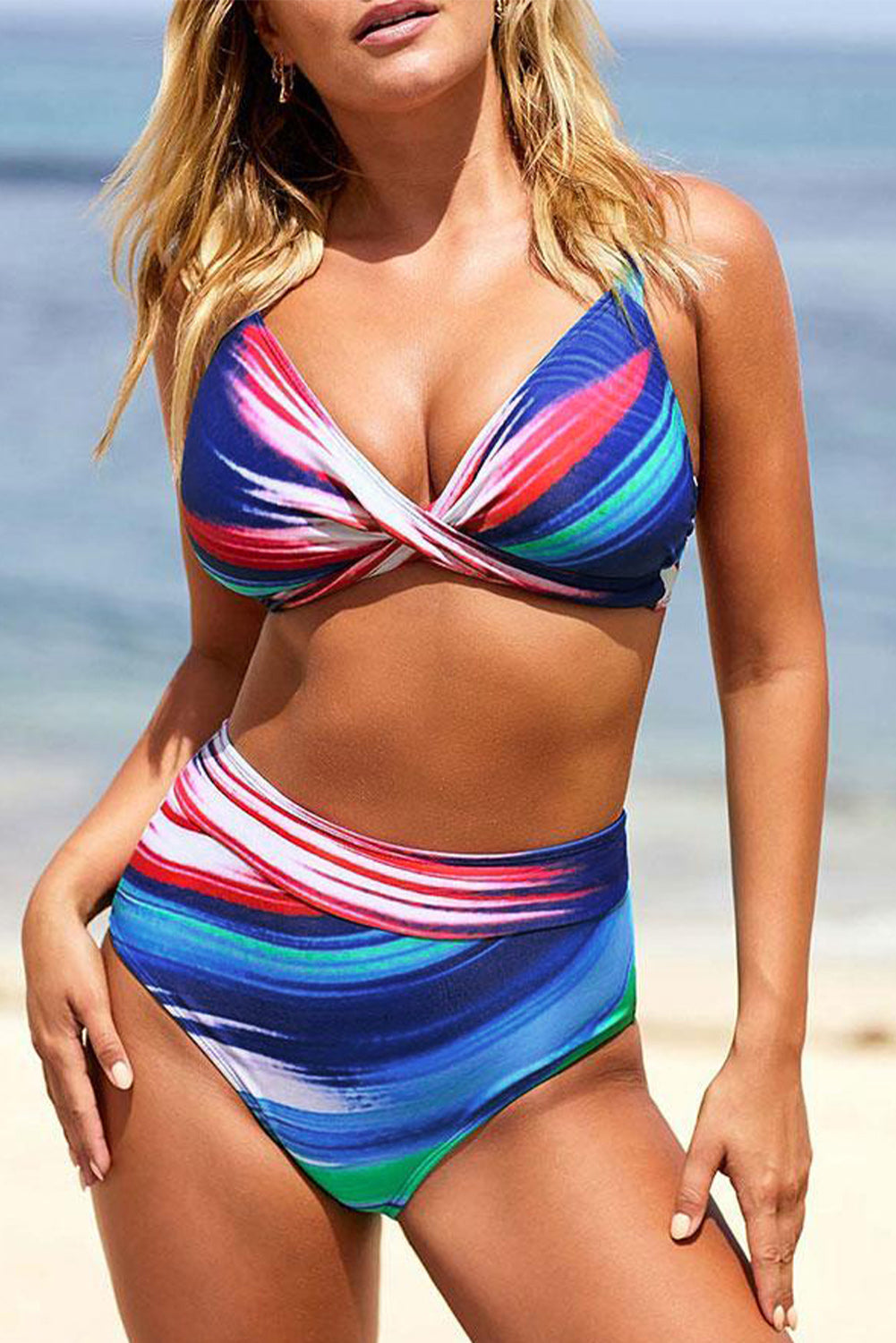 Mehrfarbiger, verdrehter Bikini-Badeanzug mit abstraktem Print und hoher Taille