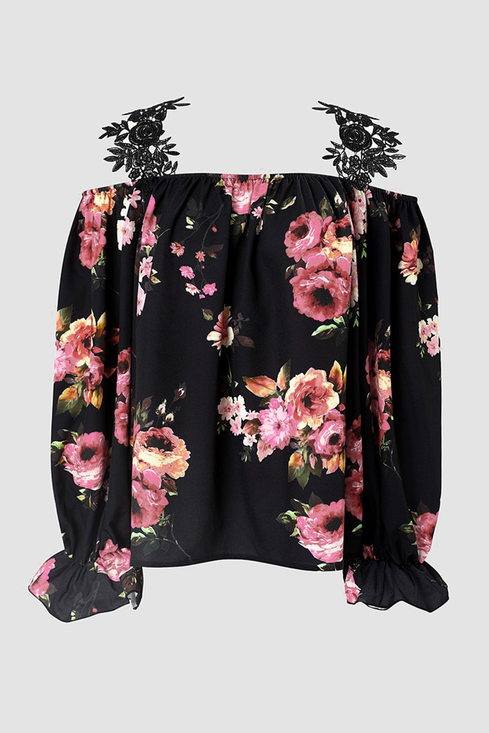 Črna ohlapna ohlapna bluza z mrzlimi rameni iz čipke s cvetličnim vzorcem
