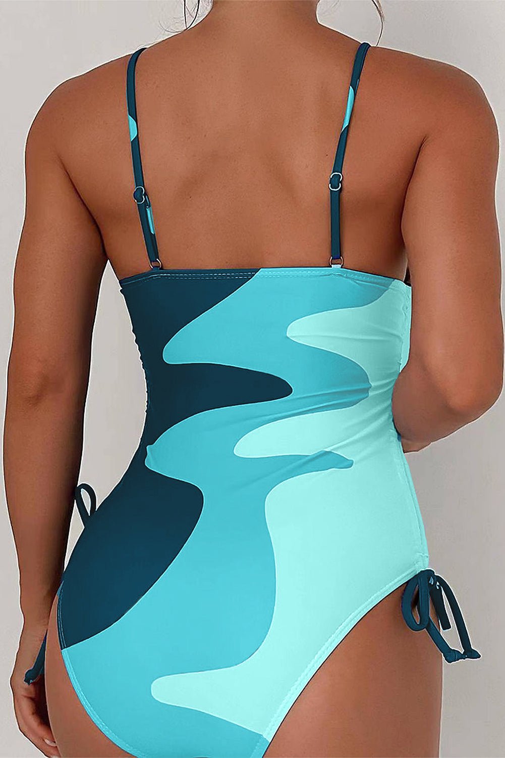 Green Printed Color Block Drawstring Sides One Piece Swimsuit