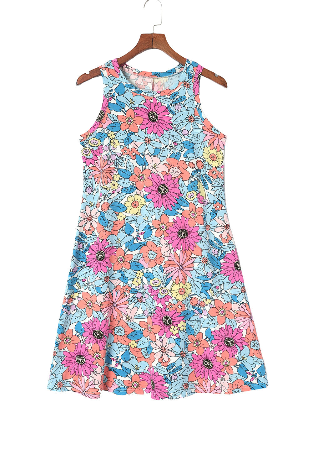Večbarvna cvetlična mini obleka brez rokavov z okroglim izrezom
