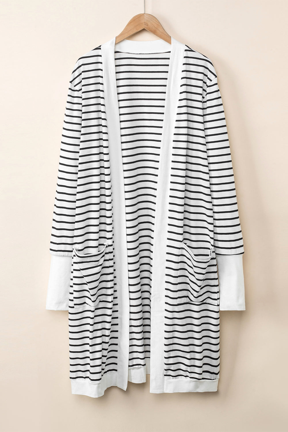 Brown Striped Side Pockets Open Front Cardigan