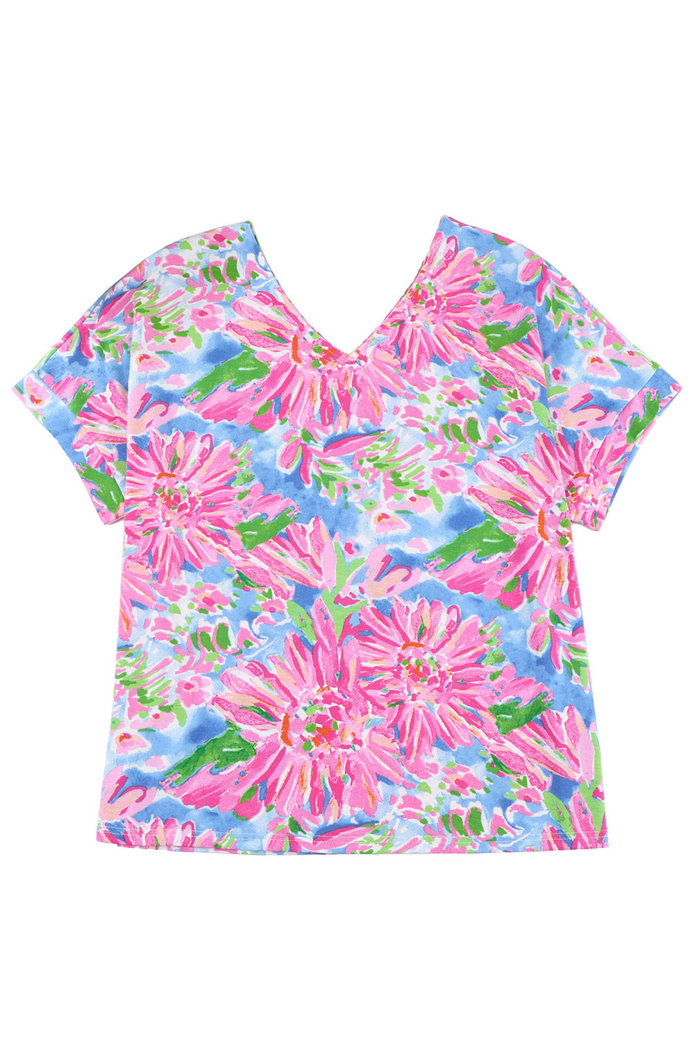 T-shirt ample à col en V et imprimé floral rose