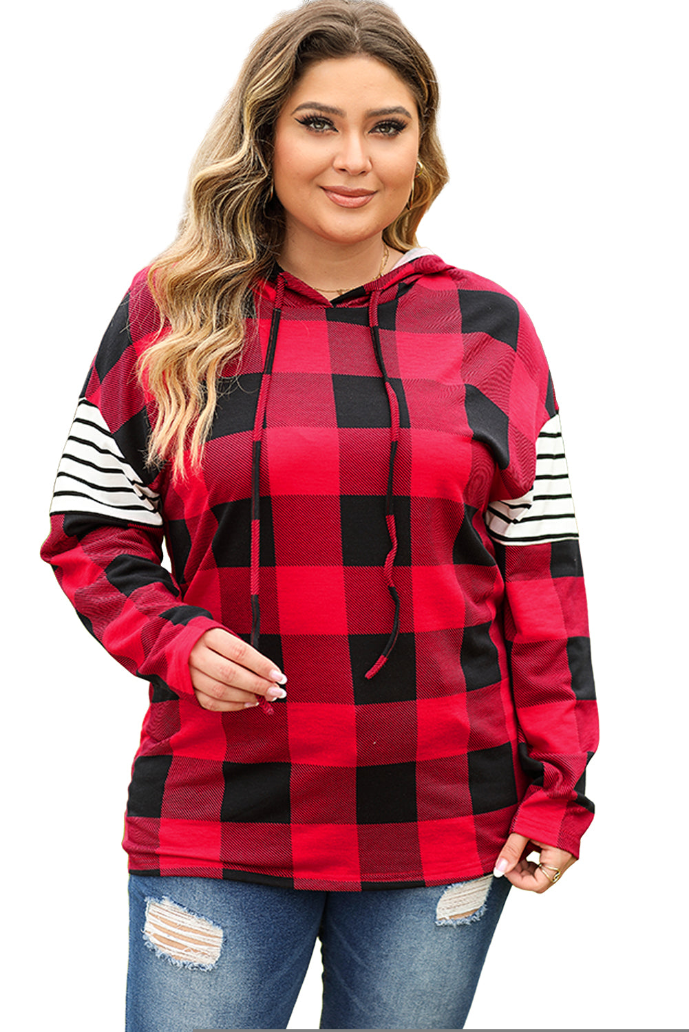 Fiery Red Plus Size Plaid Striped Patch Sleeve Hoodie