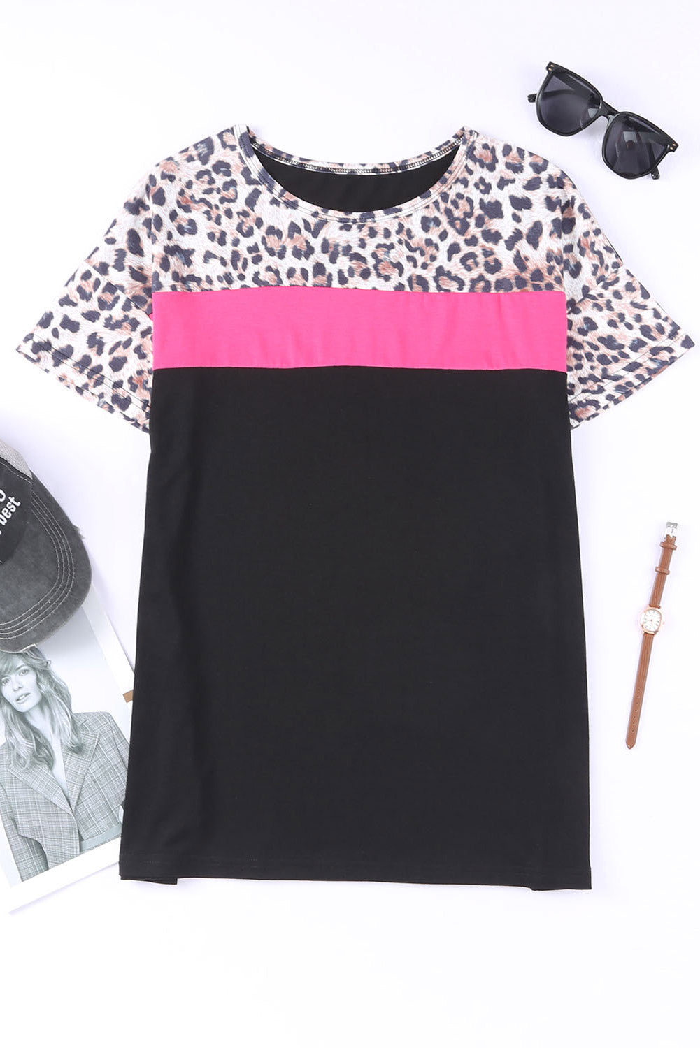 T-shirt con giunture color block leopardo nero