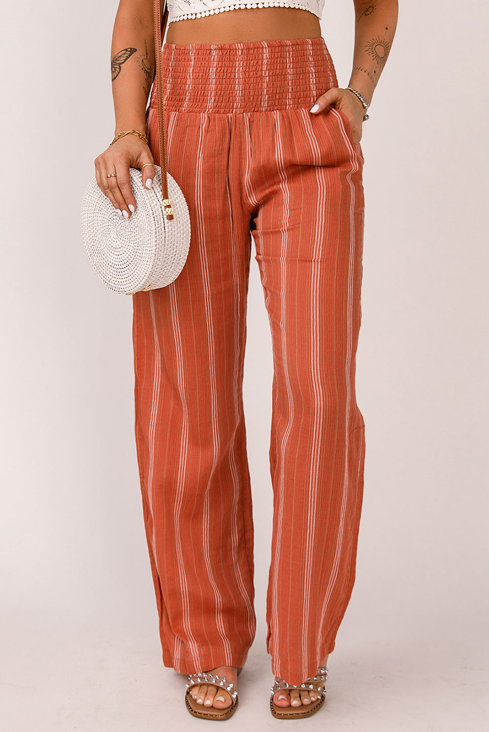Pantalon droit froncé à rayures orange taille haute