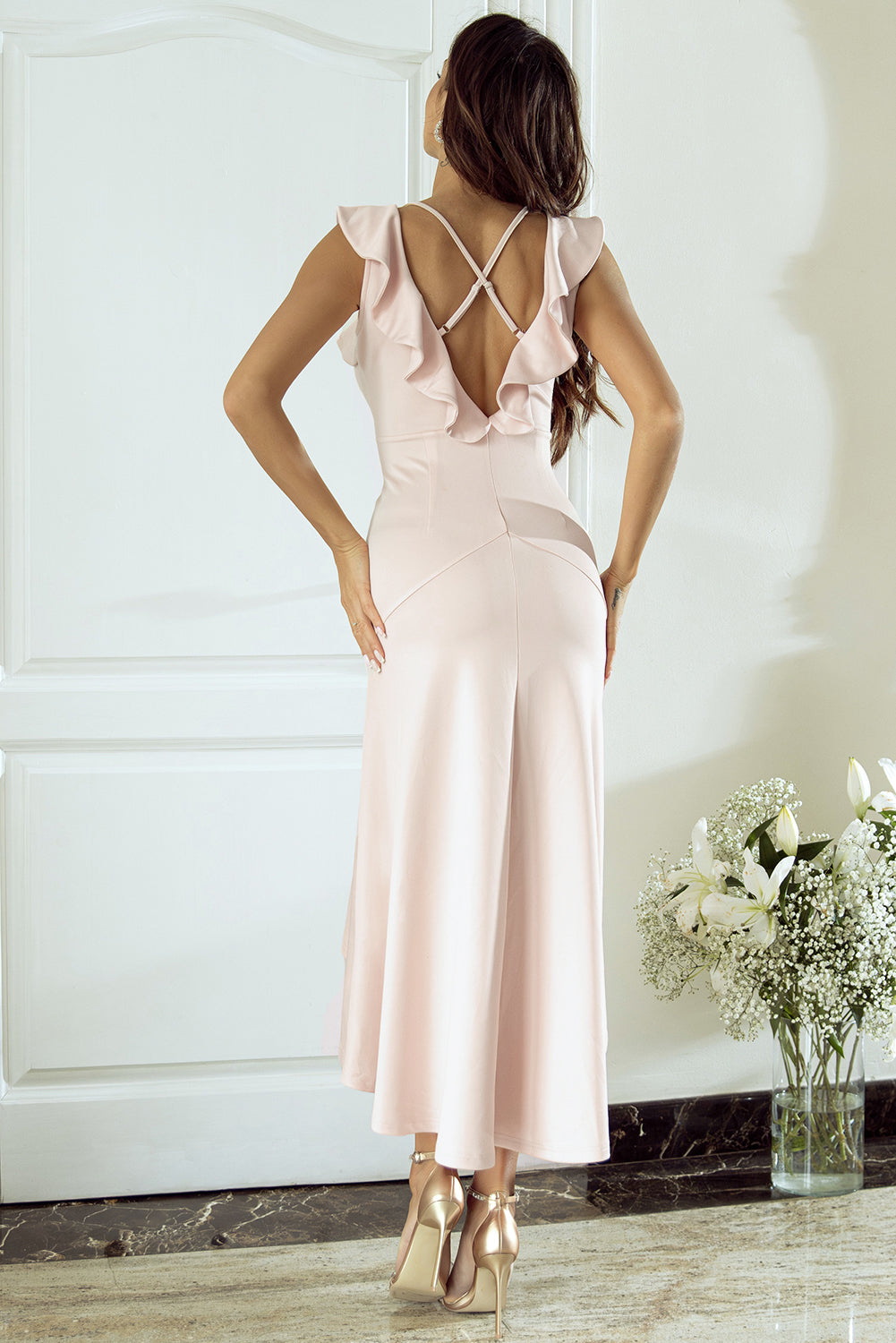Apricot Pink Crossed Backless Mermaid Trim Wedding Party Dress