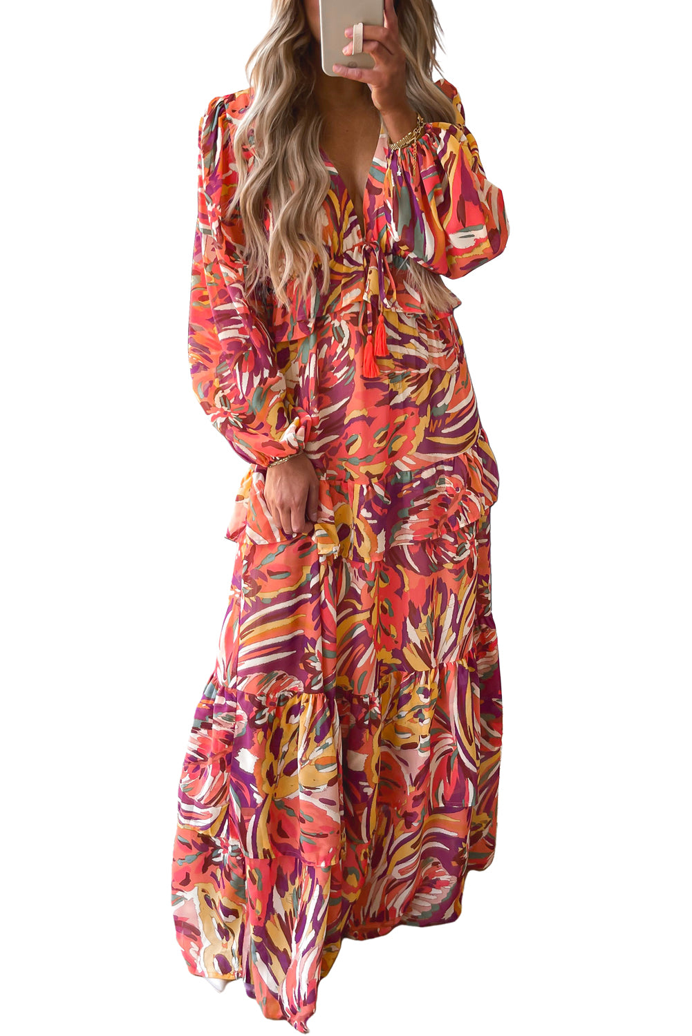 Višestruka haljina s puf rukavima s višestrukim apstraktnim printom i volanima