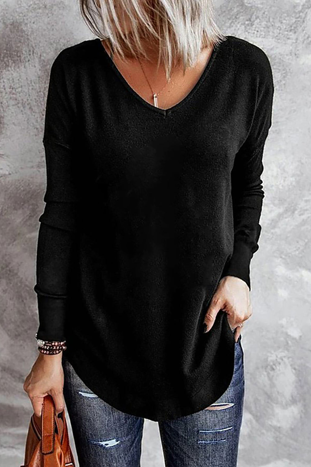 White Solid Color V Neck Long Sleeve Knit Top