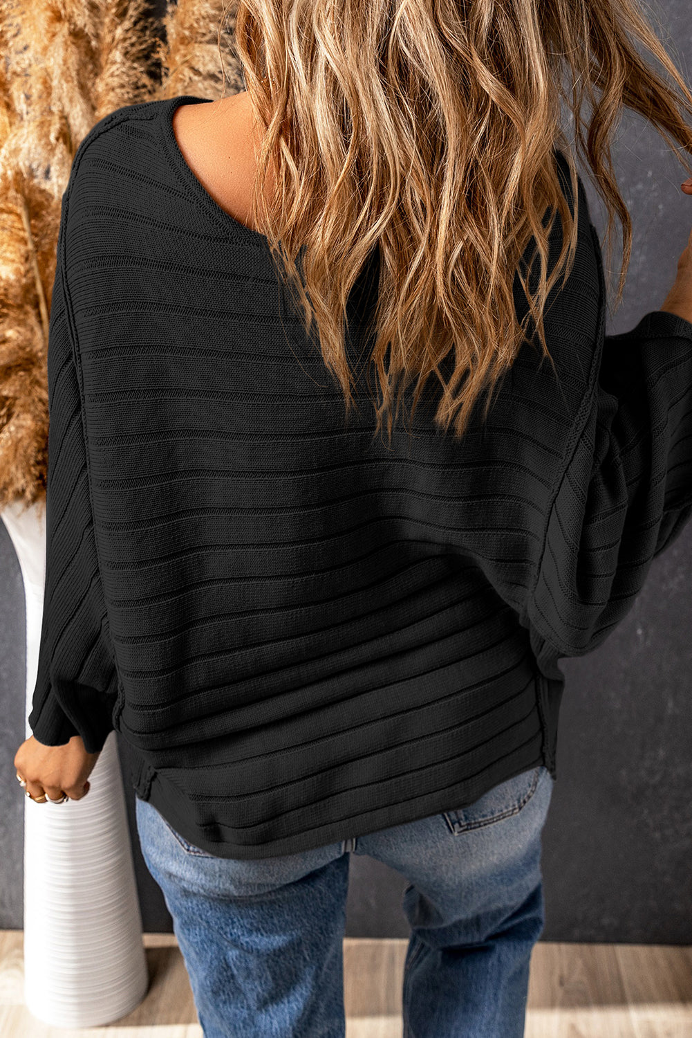 Brown Exposed Seam Ribbed Knit Dolman Top