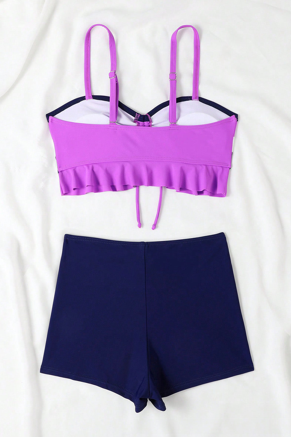 Dark Purple Colorblock Ruffled Drawstring Tie Shorts Bikini