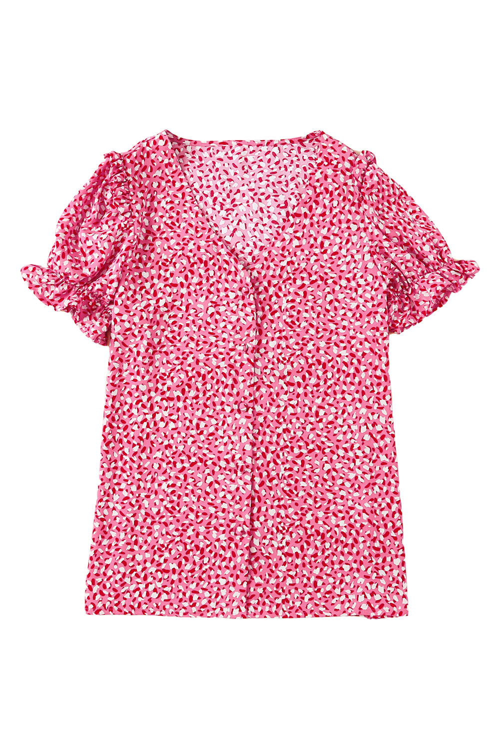 Pink Abstract Print Buttoned Ruffle Sleeve Shirt