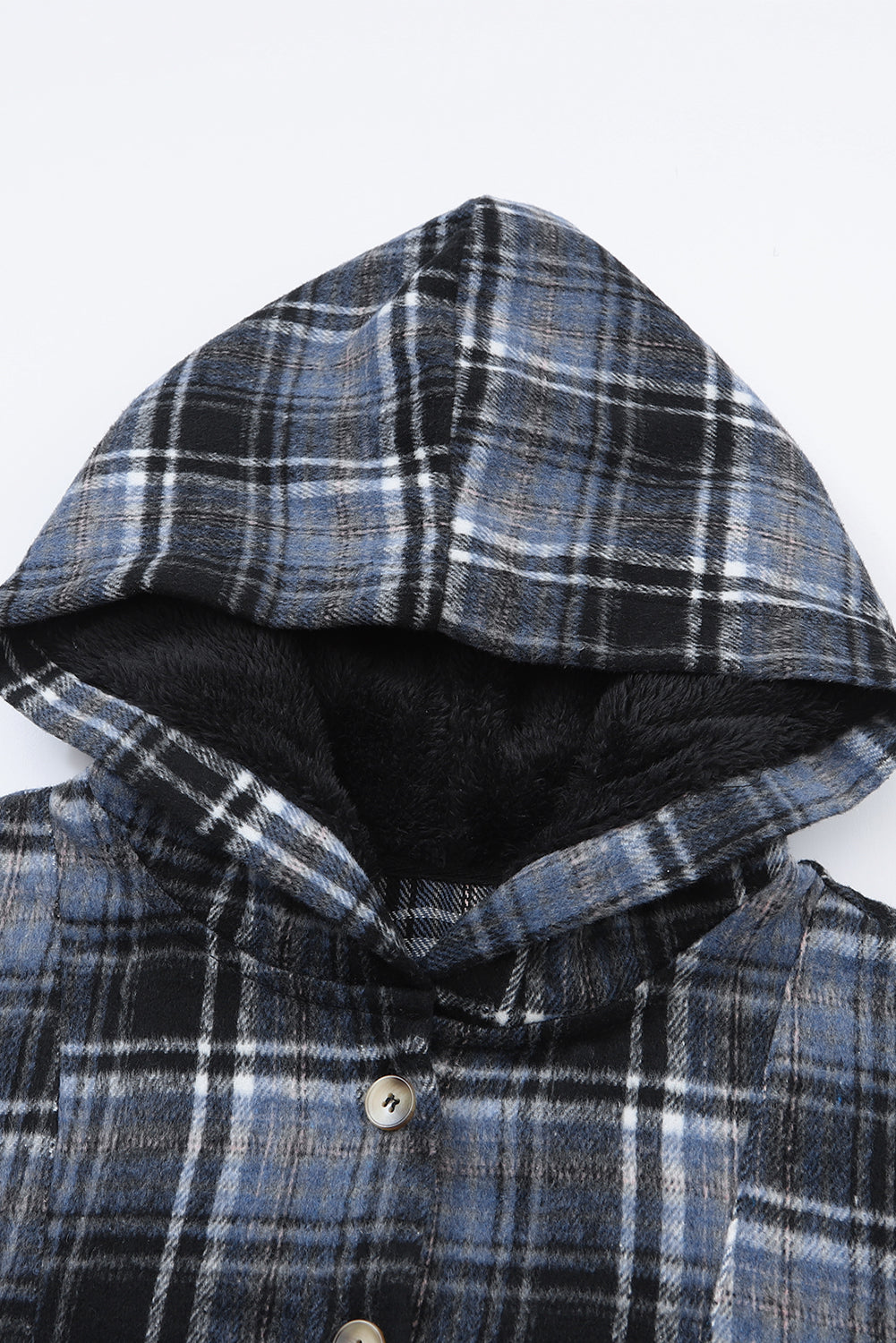Schwarzer karierter Pullover-Hoodie mit Knopfkragen und Taschen