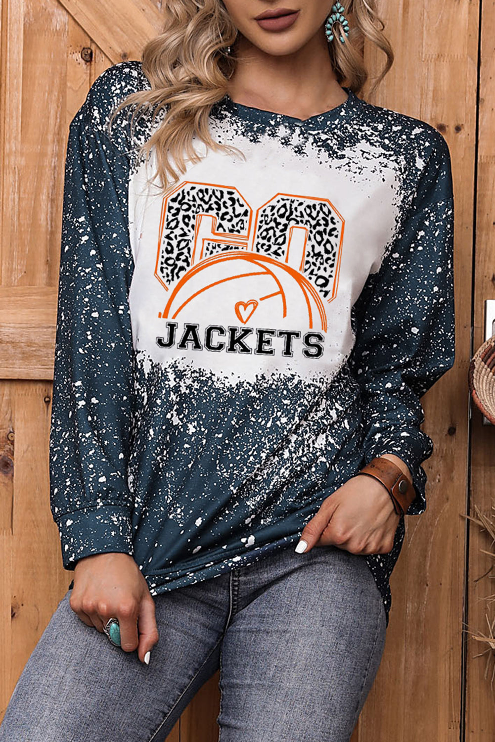 Blaues GO JACKETS Langarm-Sweatshirt mit Leoparden-Grafikdruck