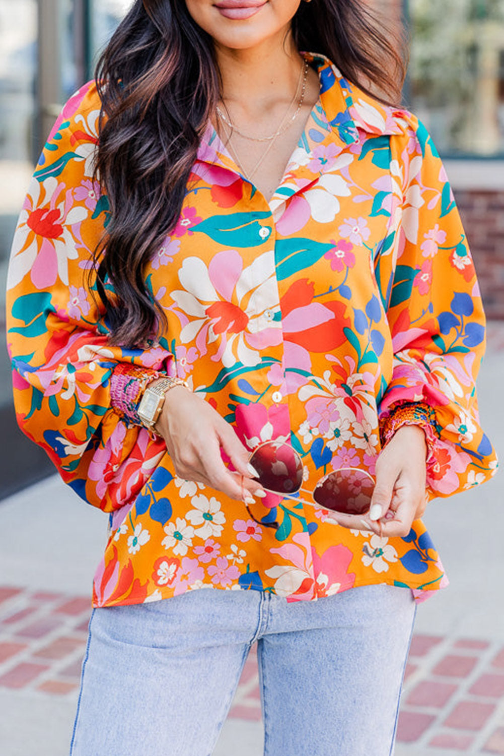 Camicia con maniche a palloncino sul davanti con stampa floreale a carota