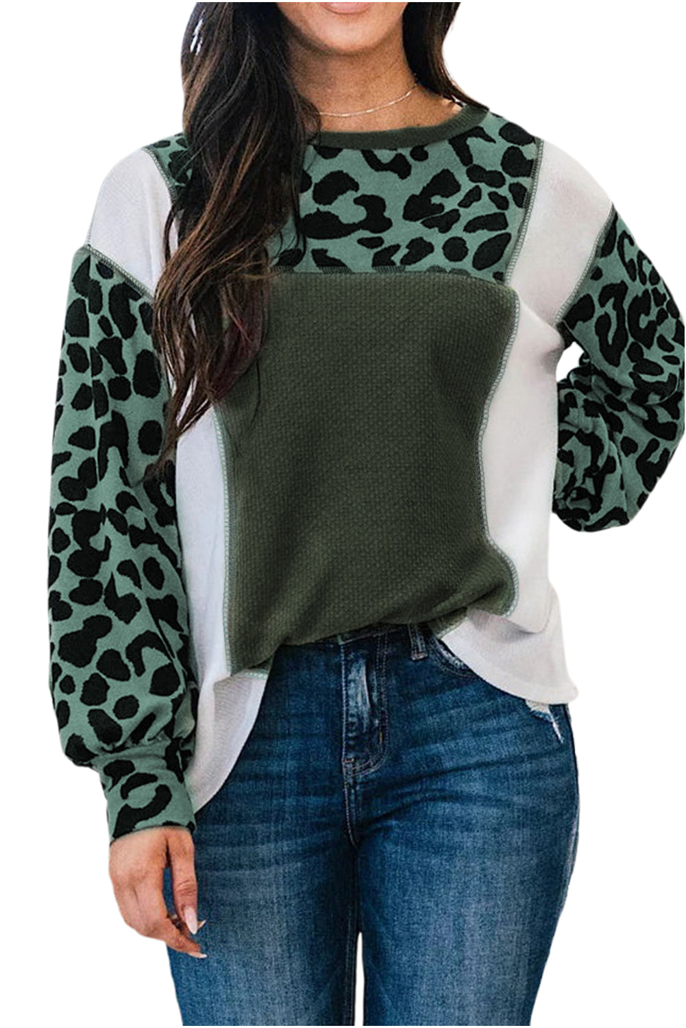 Top in maglia patchwork color block leopardo bianco