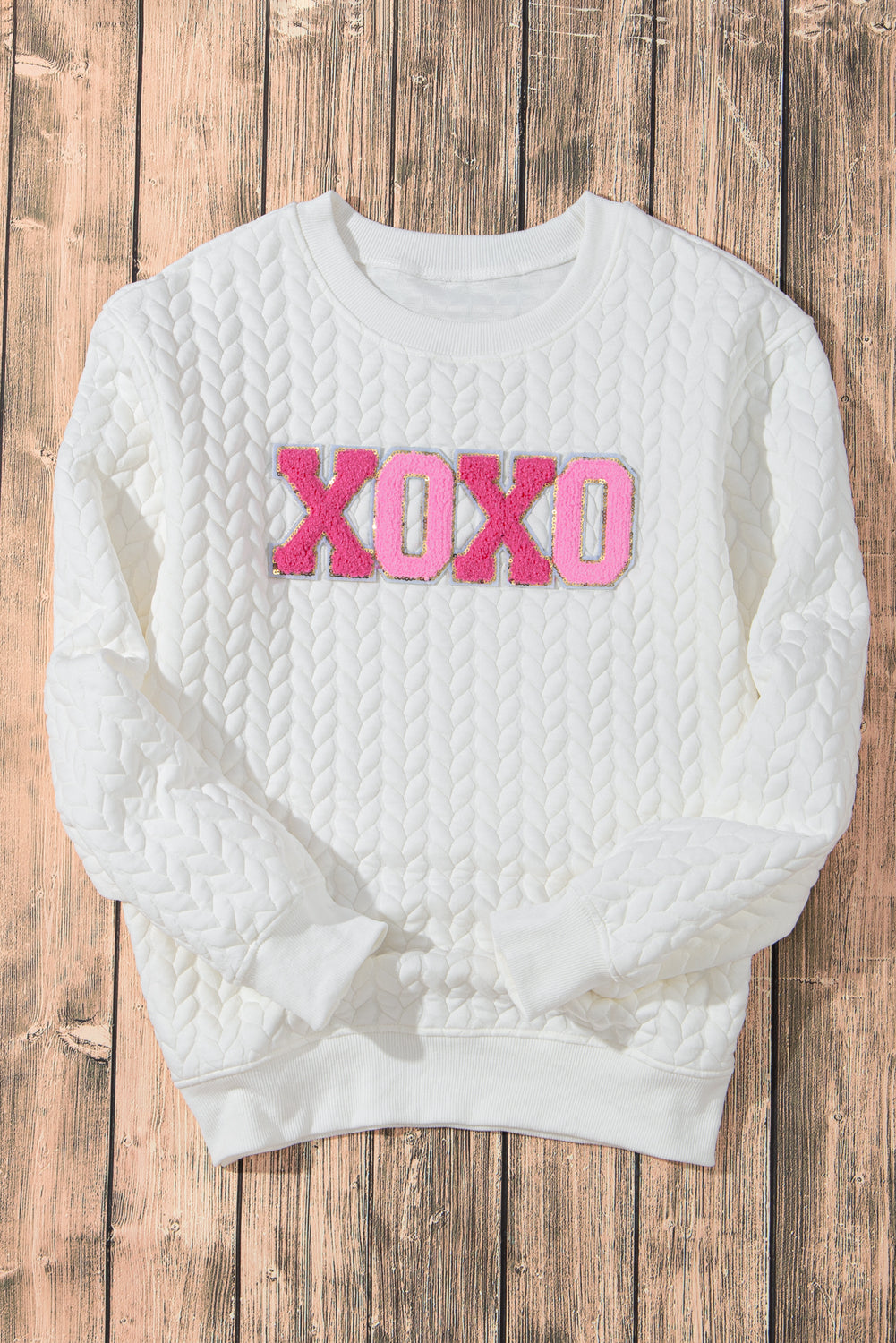 White LUCKY Chenille Embroidered Cable Knit Pullover Sweatshirt
