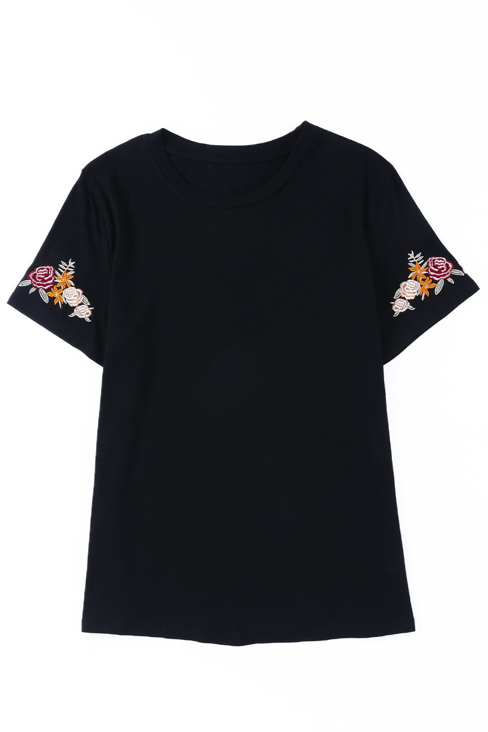 T-shirt noir à manches courtes et col rond brodé de fleurs