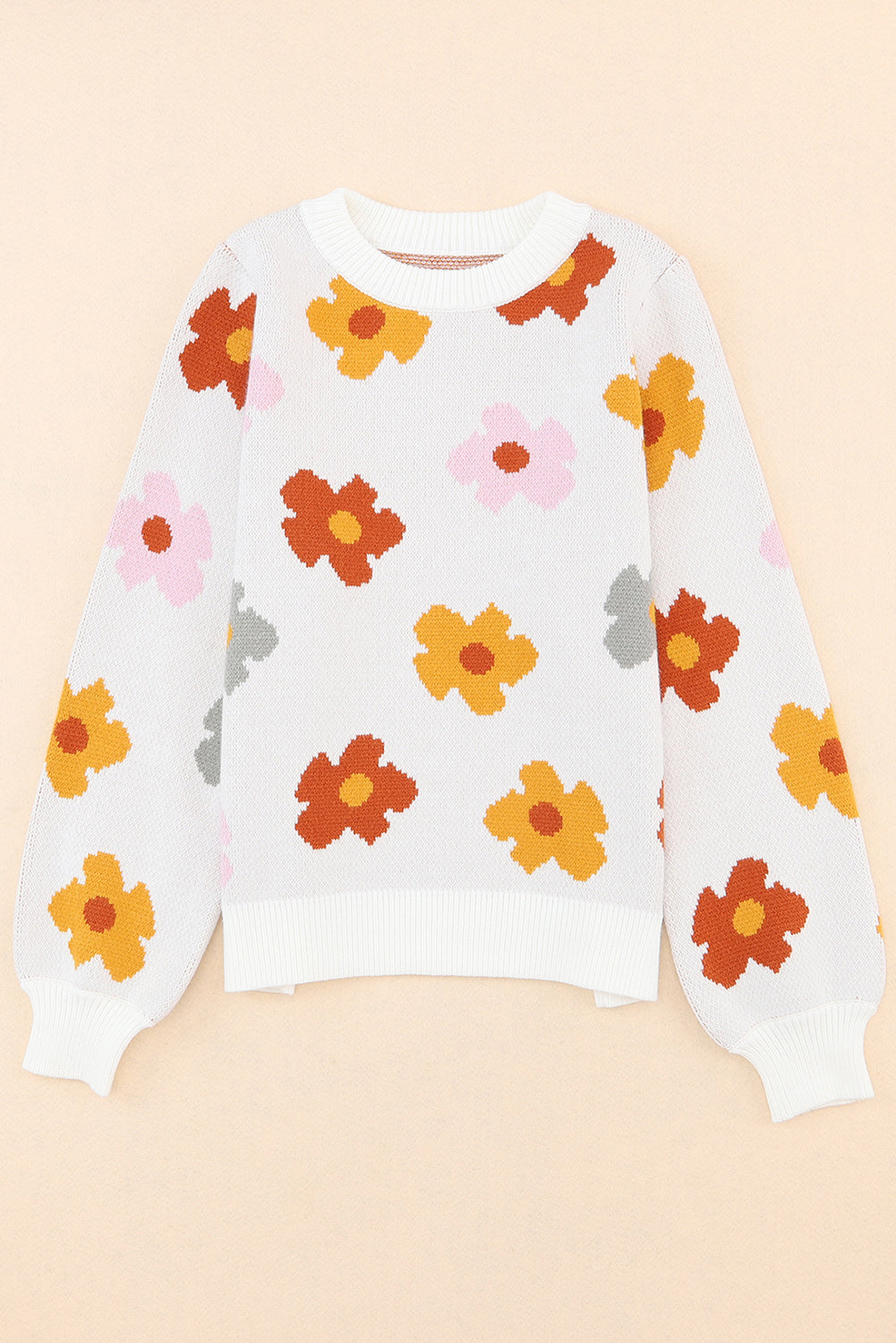 Rožnat pleten pulover z rebrastim robom Sweet Flower
