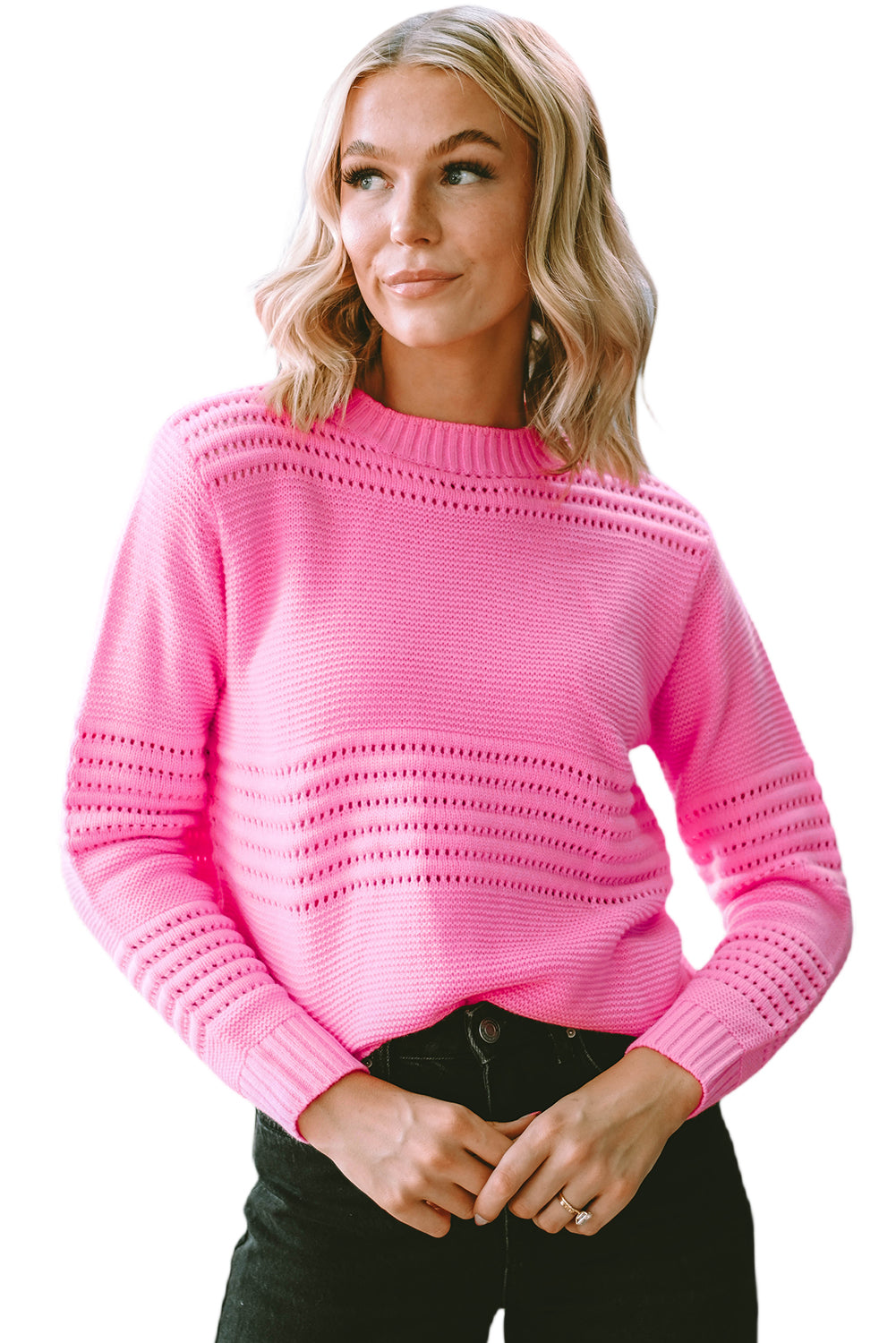 Roza enobarvni pulover z navideznim ovratnikom in pletenimi ušesci