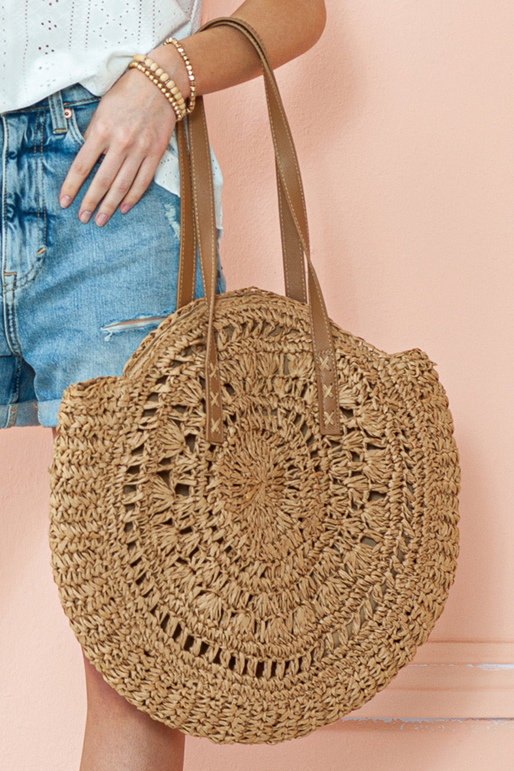 Sac à bandoulière rond tissé en paille bohème camel