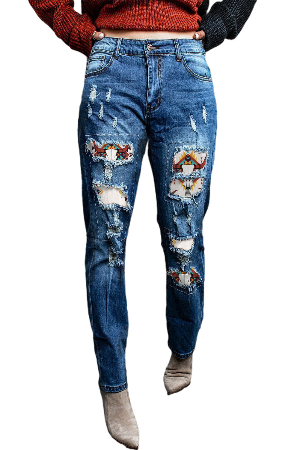Western Pattern Patchwork High Rise Distressed Jeans