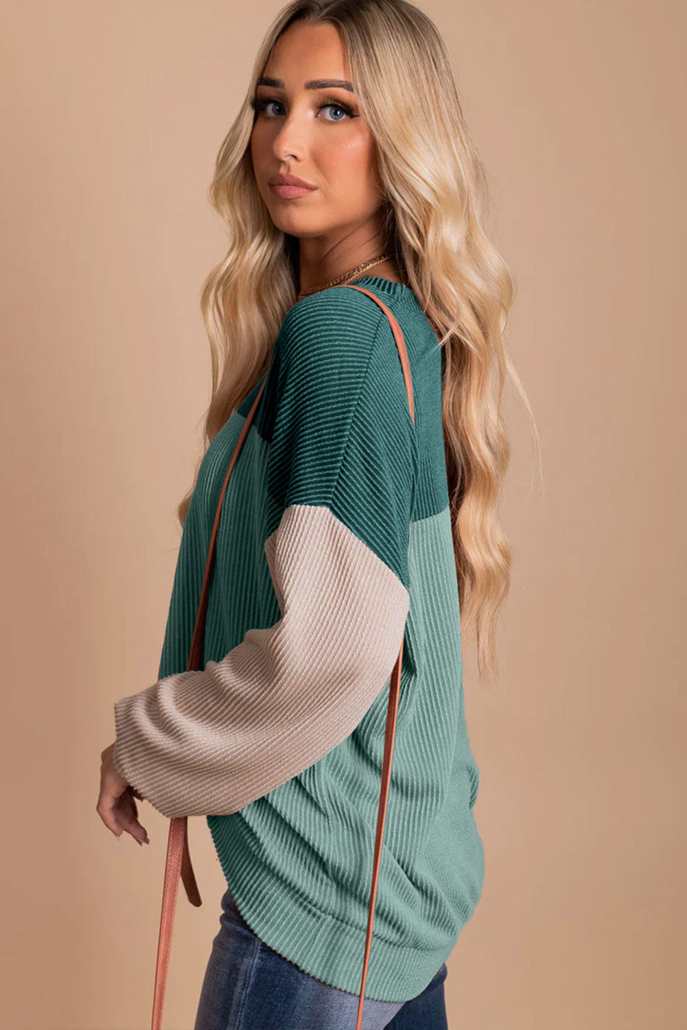 Pink Color Block Long Sleeve Ribbed Loose Top