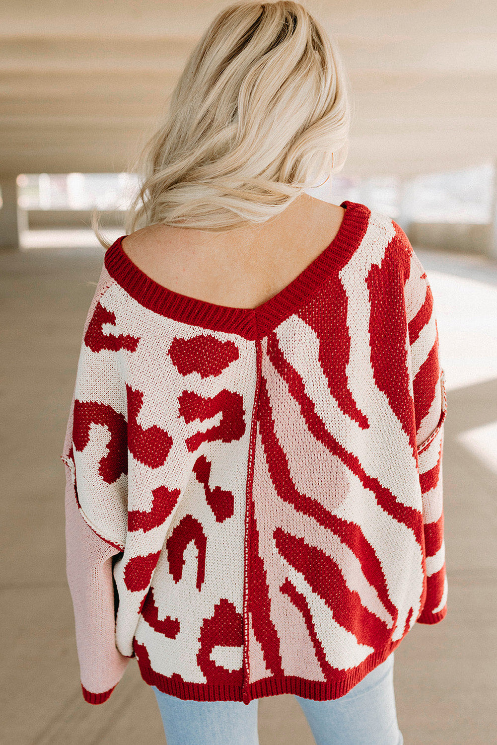 Fiery Red Mix Pattern Knit Ribbed Trim Oversize Sweater