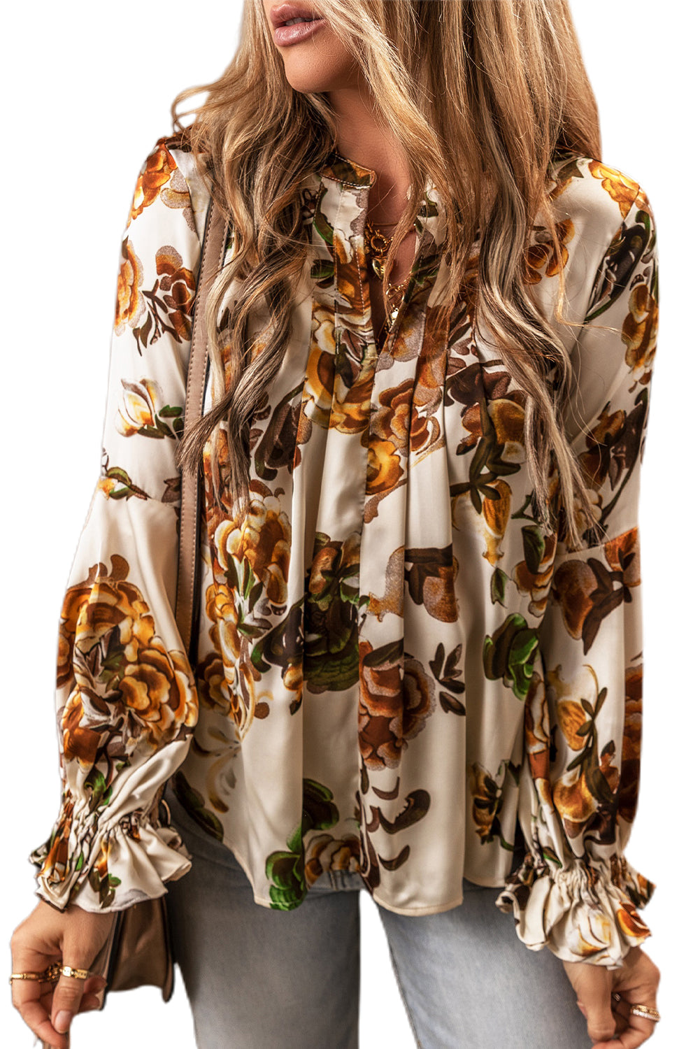 Splendida camicetta floreale con maniche a balza e collo diviso color albicocca