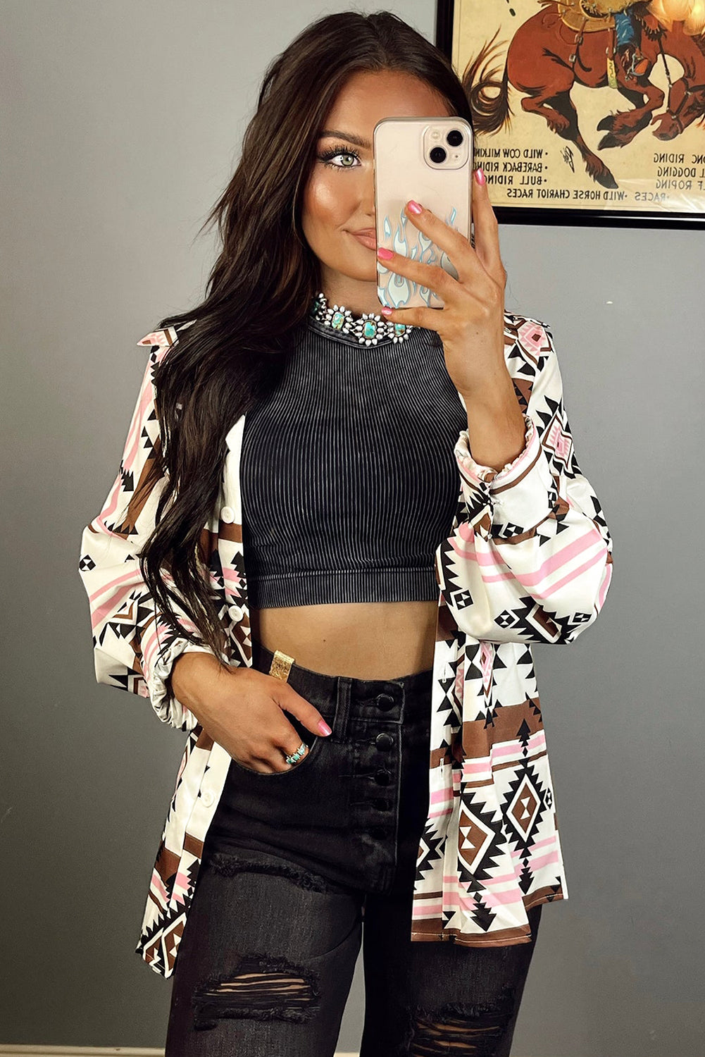 White Aztec Print Loose Fit Buttoned Long Sleeve Shirt