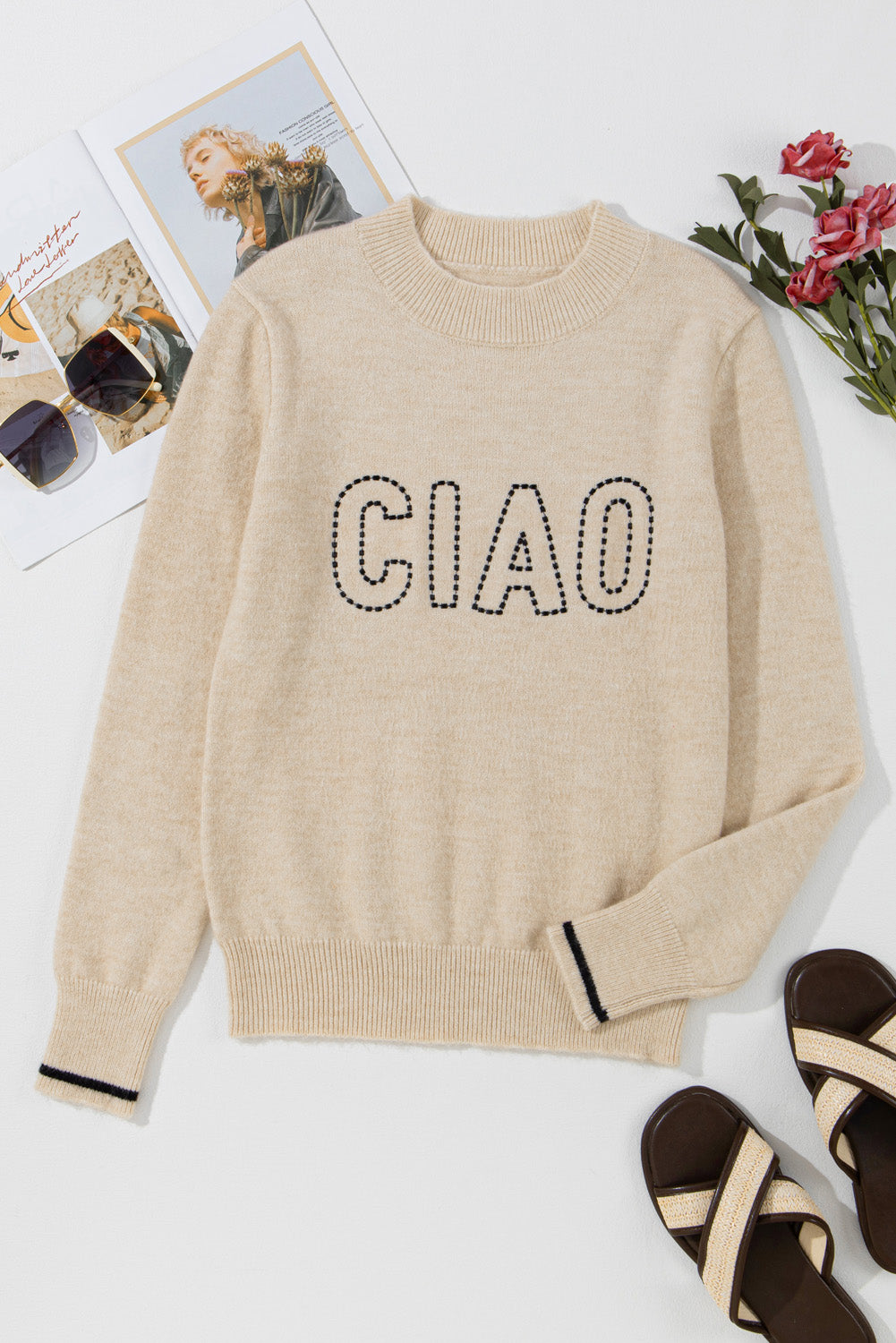 Haferflockenfarbener CIAO-Pullover mit Rundhalsausschnitt und Buchstabengrafik