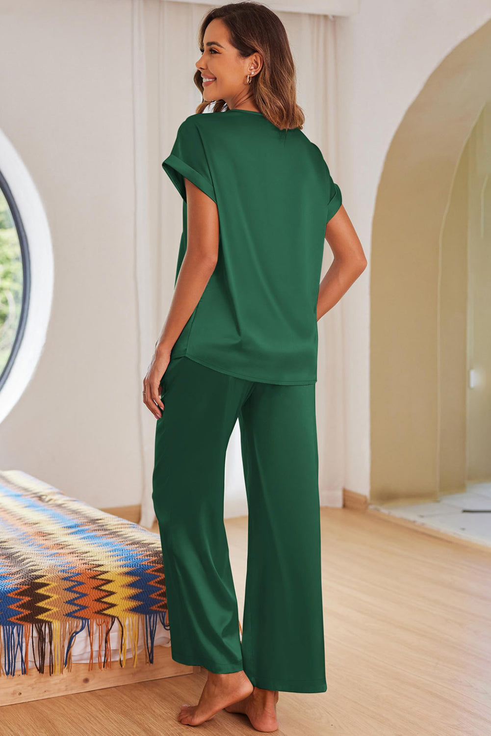 Dark Green Guipure Trim V Neck Satin Two-piece Set