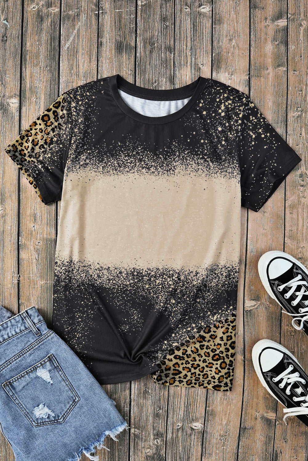 Gray Bleached Blank Leopard Tie-dye Print T Shirt