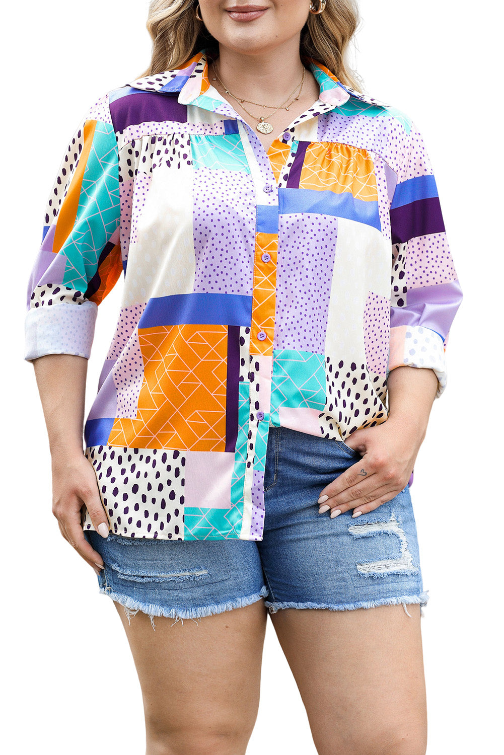Mehrfarbiges, geknöpftes Hemd mit gemischtem Print in Übergröße