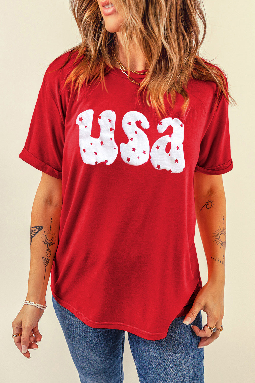 Rotes USA-Stars-Print-Rundhals-O-Neck-Freizeit-T-Shirt