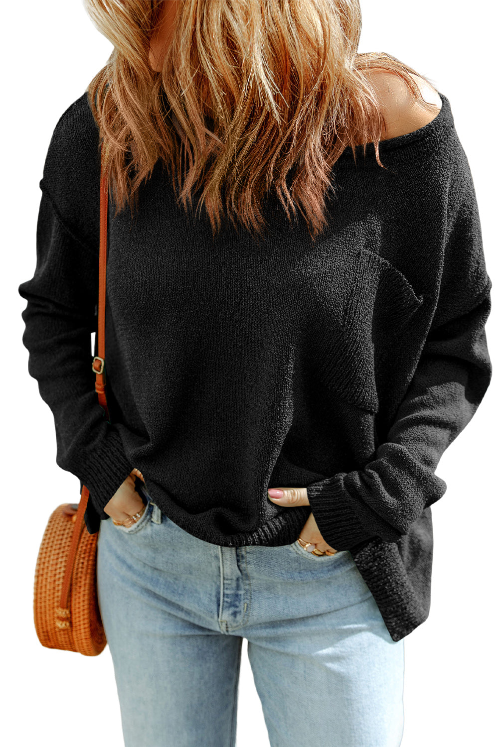 Black Solid Color Off Shoulder Rib Knit Sweater with Pocket