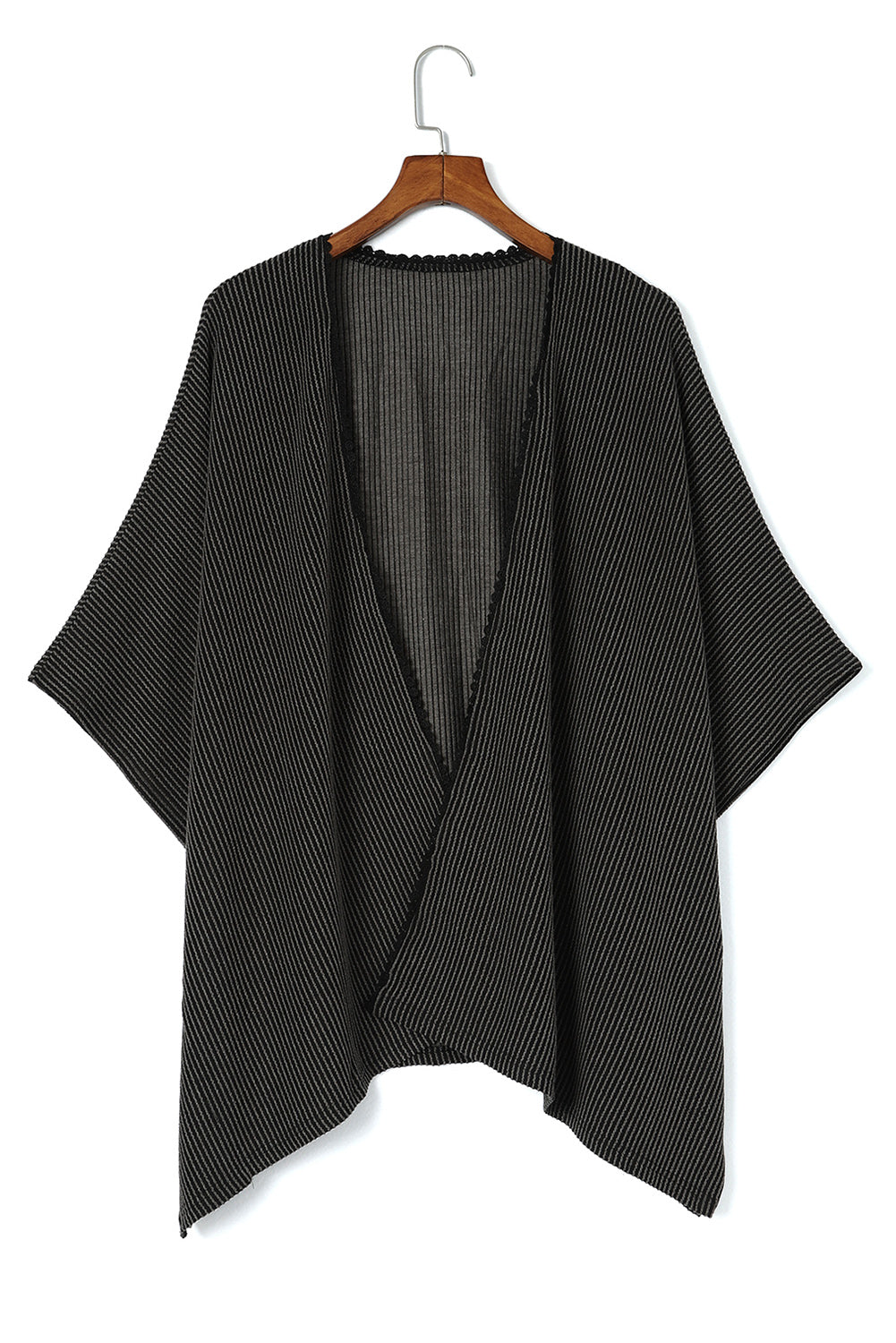 Schwarzer, gerippter Oversize-Kimono mit Spitzenbesatz