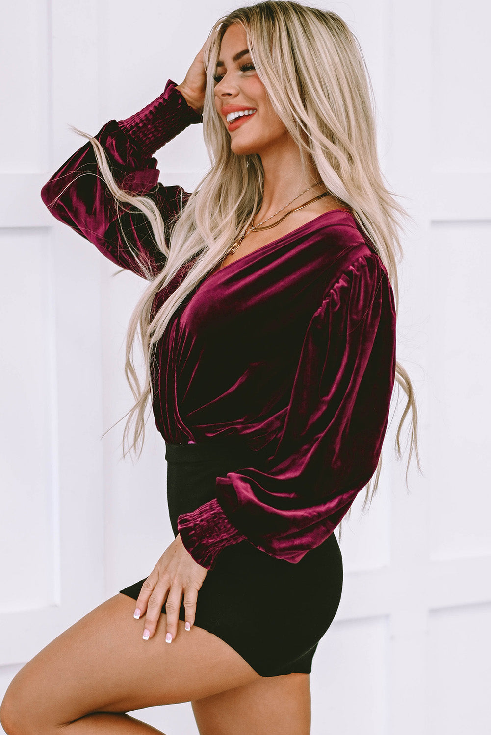 Burgundy Surplice V Neck Bubble Sleeve Velvet Bodysuit