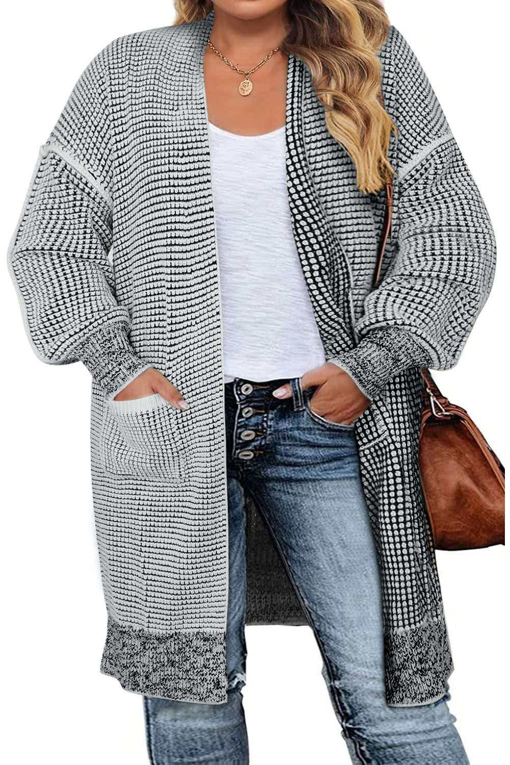 Cardigan en tricot texturé gris grande taille