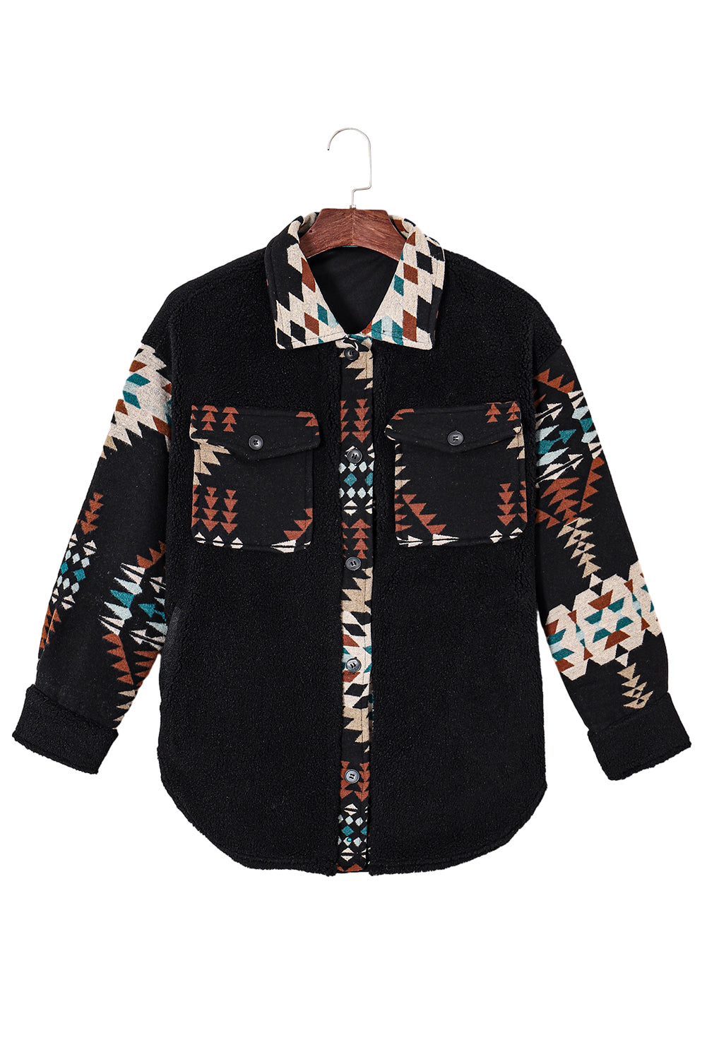 Schwarze Fleece-Jacke mit Akzent im Western-Azteken-Print