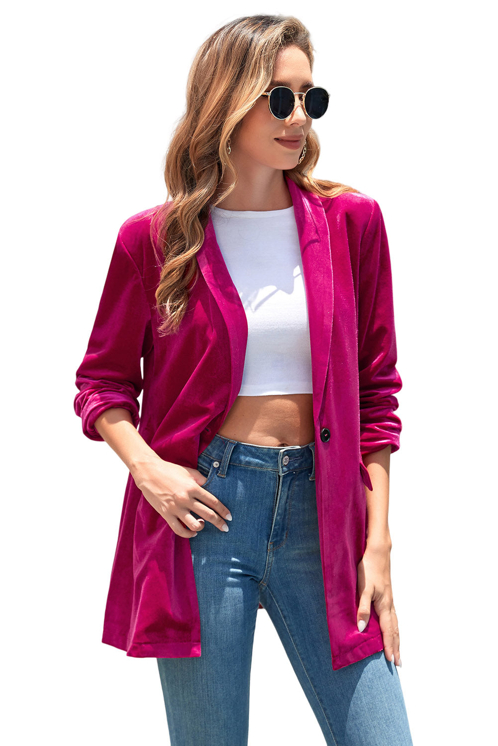 Red Casual Pocketed Velvet Blazer