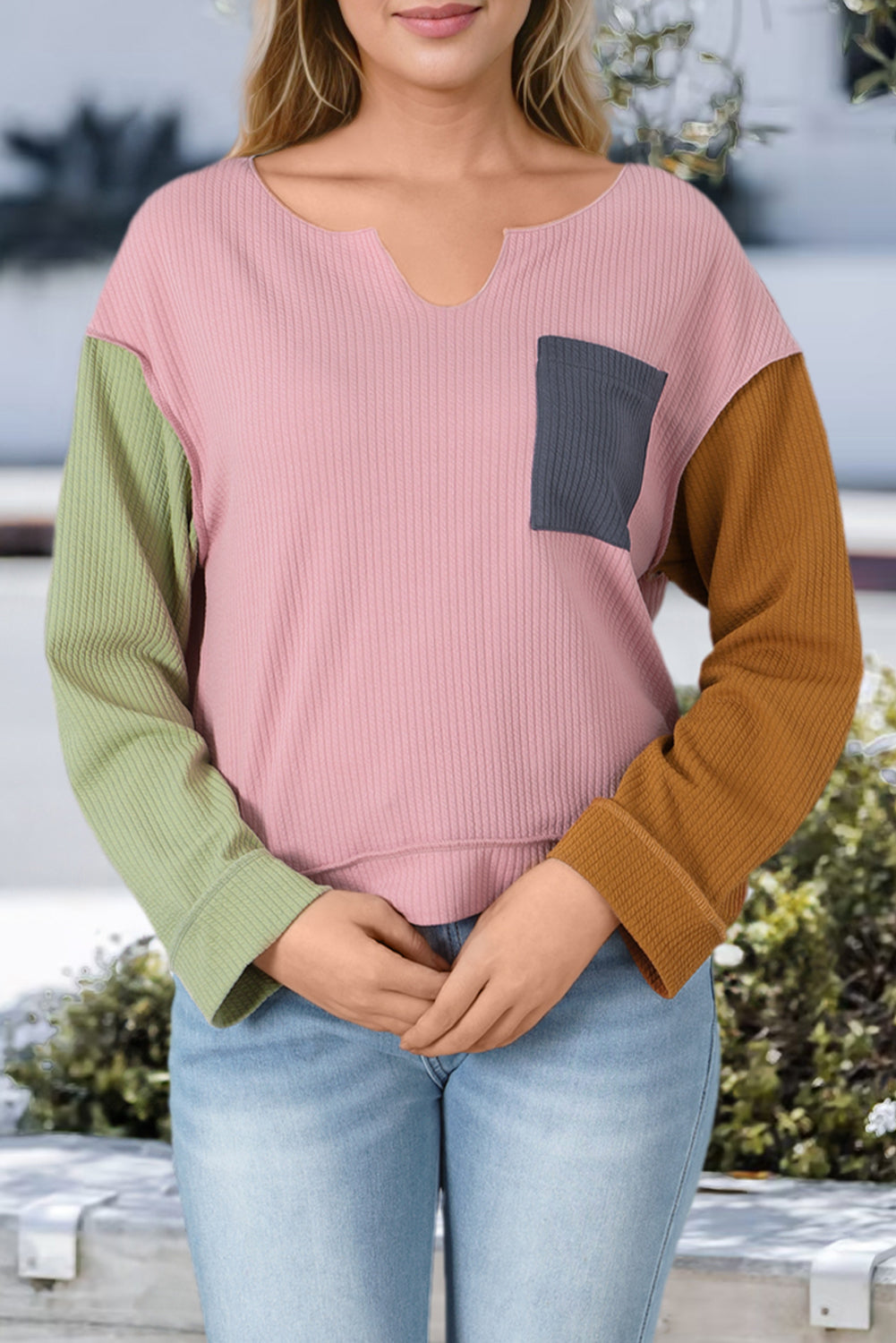 Pink Colorblock Rib Textured Loose Long Sleeve Top