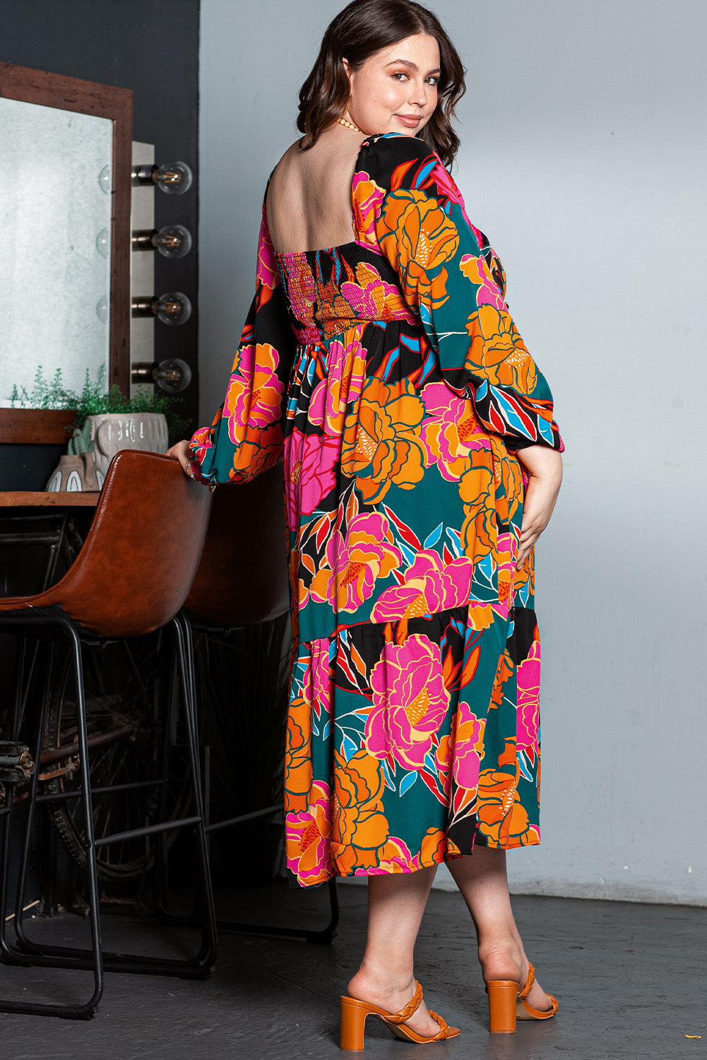 Robe multicolore à imprimé floral, col carré, taille haute, grande taille