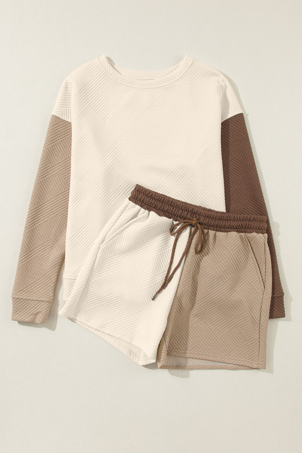 Multicolour Contrast Sleeve Color Block Pullover Shorts Textured Outfit