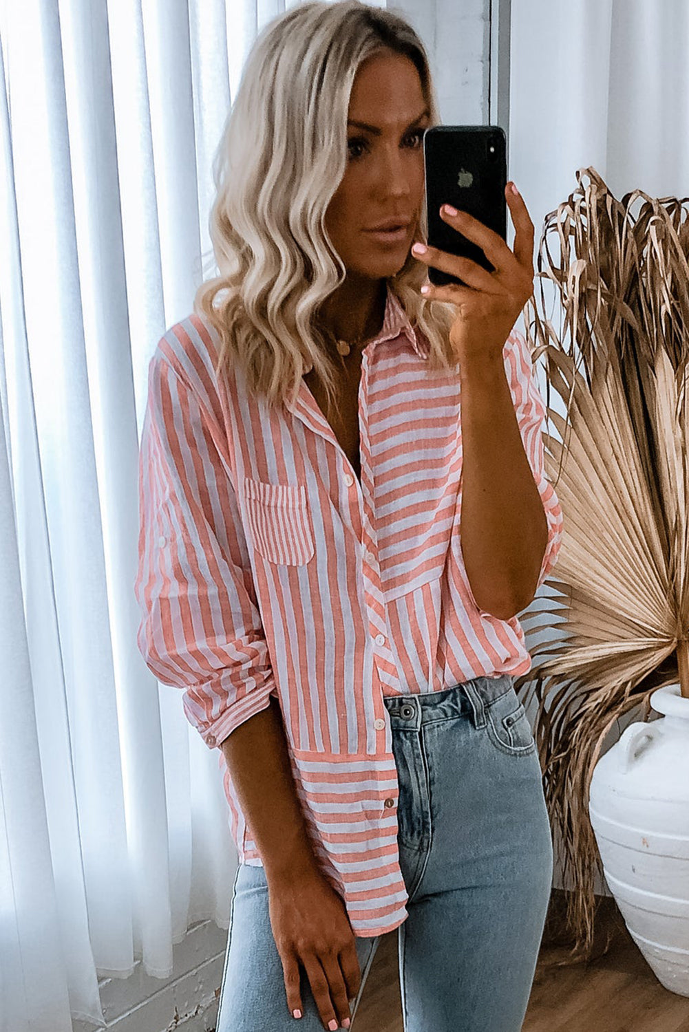 Pink Stripe Buttoned Long Sleeve Casual Shirt